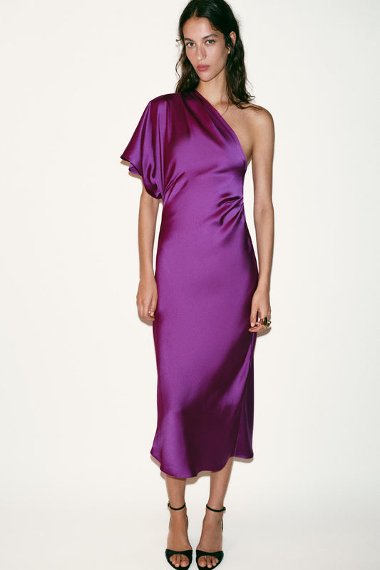 VESTIDO MIDI ASIMÉTRICO SATINADO
