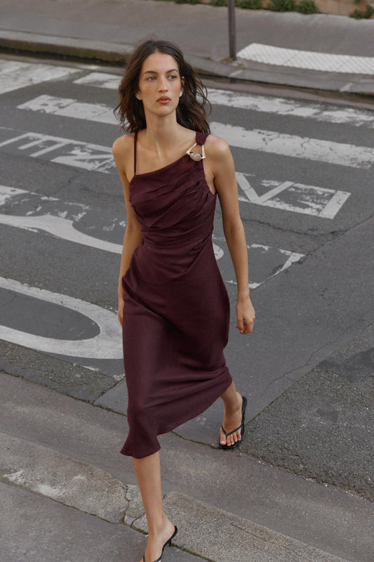 VESTIDO MIDI ASIMÉTRICO 100% LINO